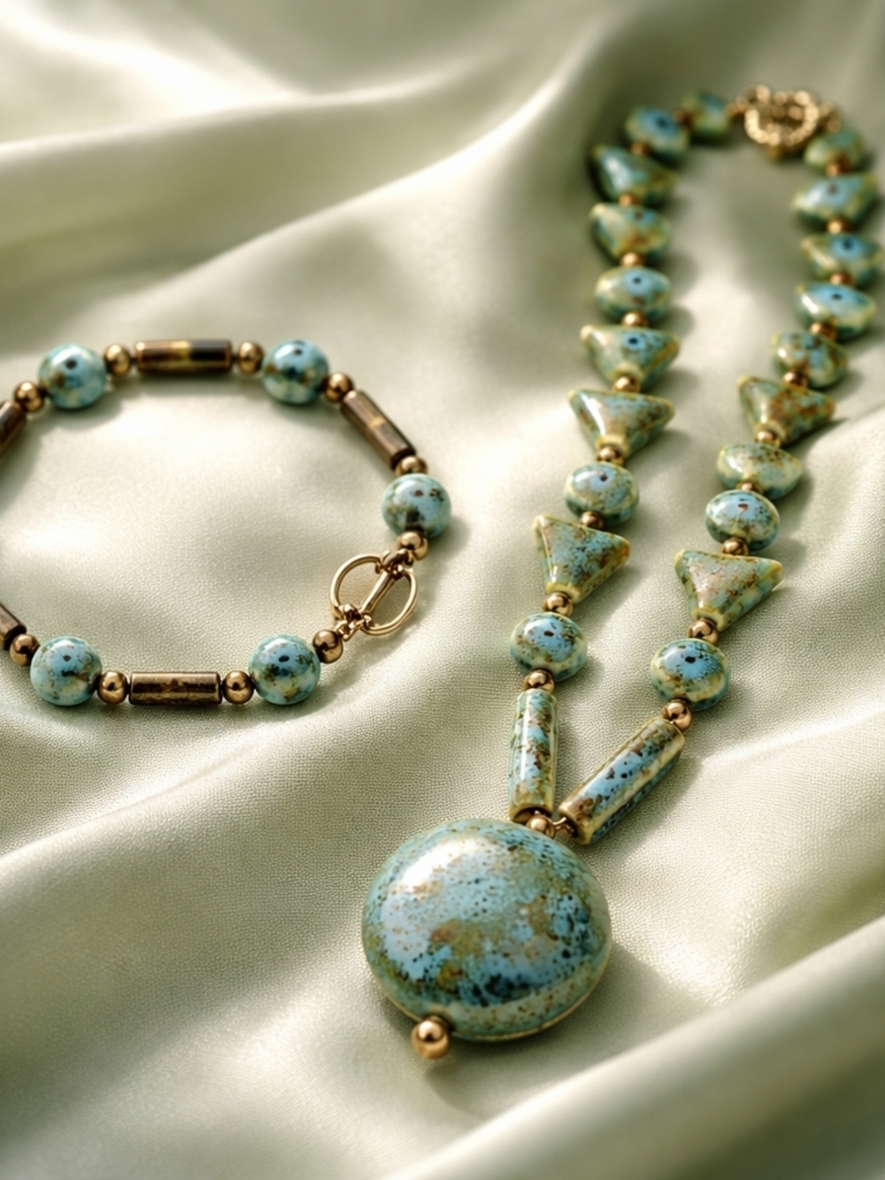 Handmade Green/Blue Stone Beaded Necklace And Jewelry Set. Boho Artisan Jewelry
